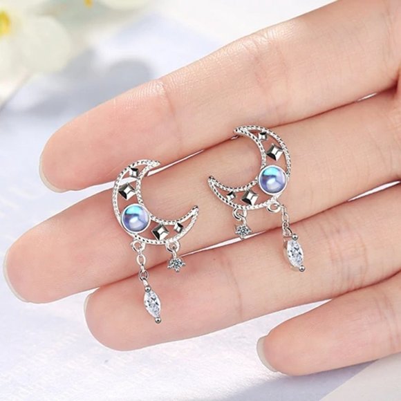 NEW 925 Sterling Silver Diamond Moon Earrings - Picture 2 of 8